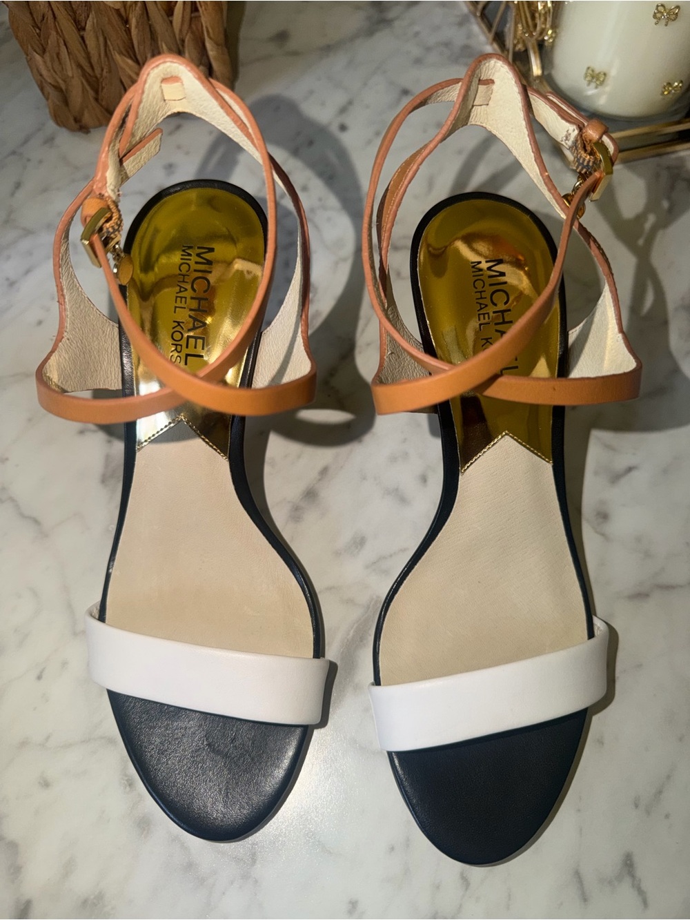 MICHAEL Michael Kors Black, White & Tan Strappy Stiletto Sandals - Picture 3 of 6
